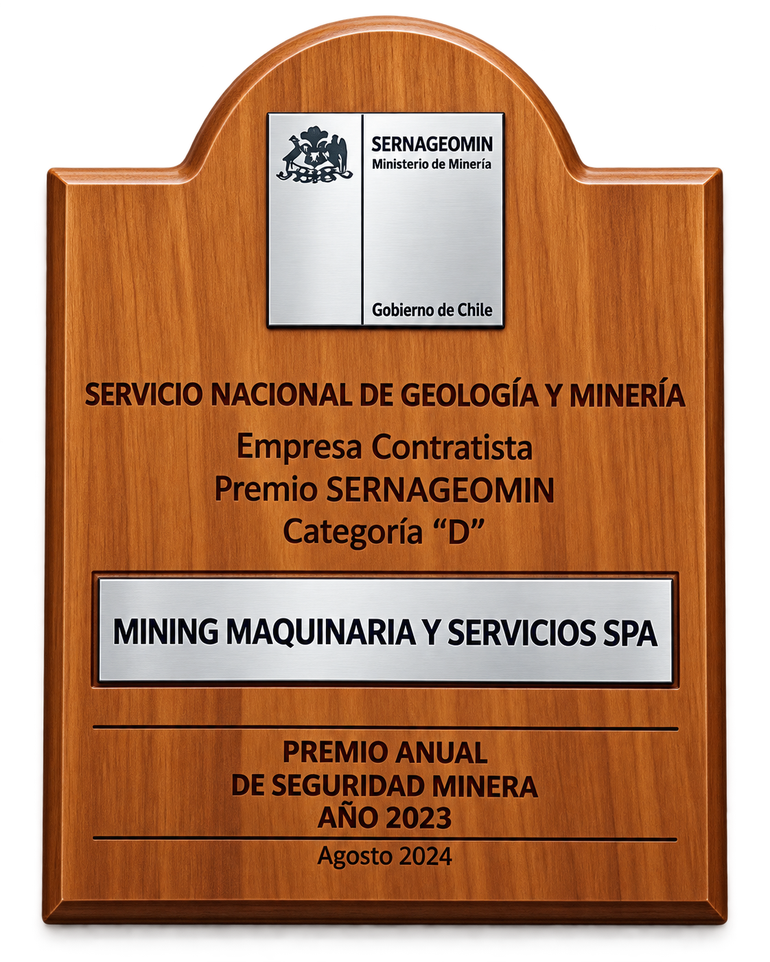 Premio Anual de Seguridad Minera SERNAGEOMIN año 2023, categoría D, entregado en agosto de 2024